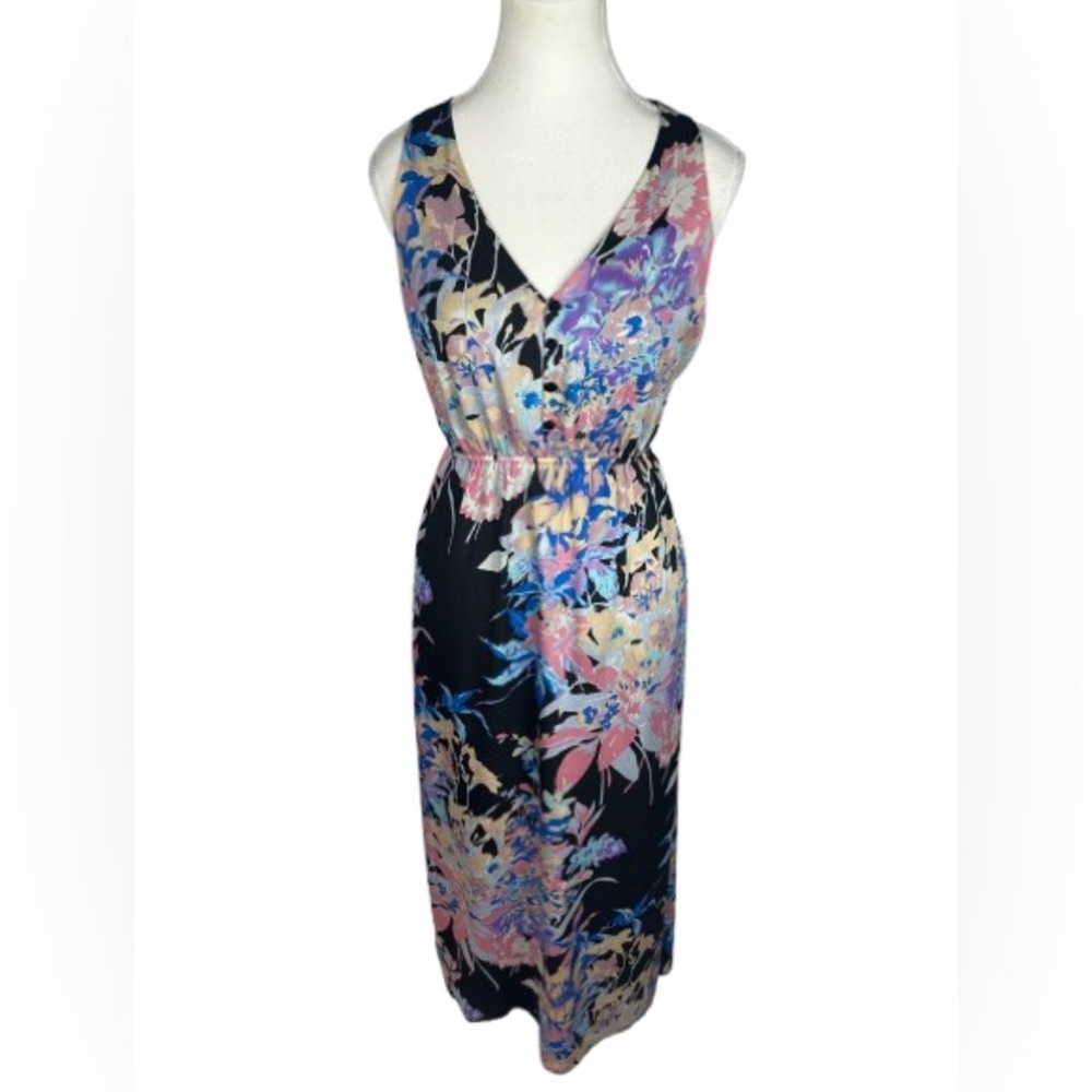 Yumi Kim Black and Pink Floral Midi Dress